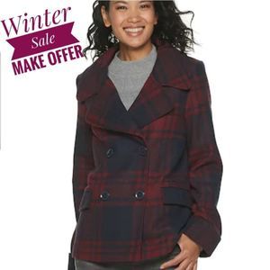 1 DAY SALE NEW LARRY LEVINE Plaid Pea COAT Navy/Wine